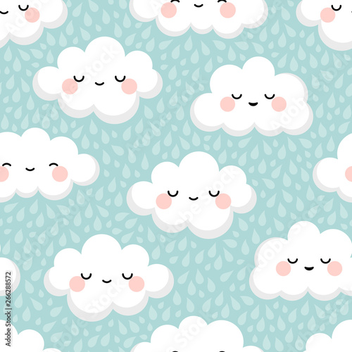 Cute cloud smiling face seamless pattern background with rain drop, repeating vector illustration © Gabriel Onat