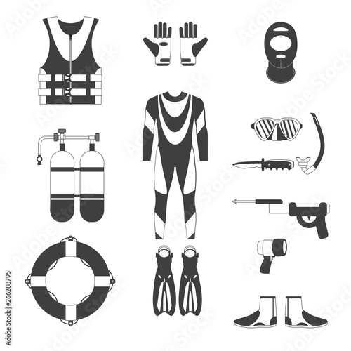 Diving set of equipment elements. Underwater activity. Aqualung, oxygen cylinders, depth gauge, flashlight, snorkel and mask, flippers, gloves, speargun. Vector Illustration.