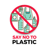 Say no to plastic banner with plastic icon in red stop circle vector design