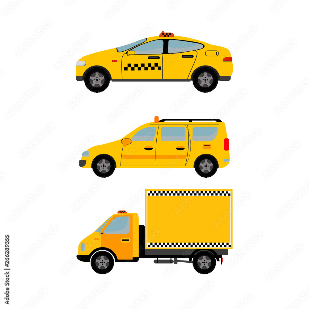 Taxi service concept. Set of different types of taxi cars isolated on white background. Vector illustration flat.