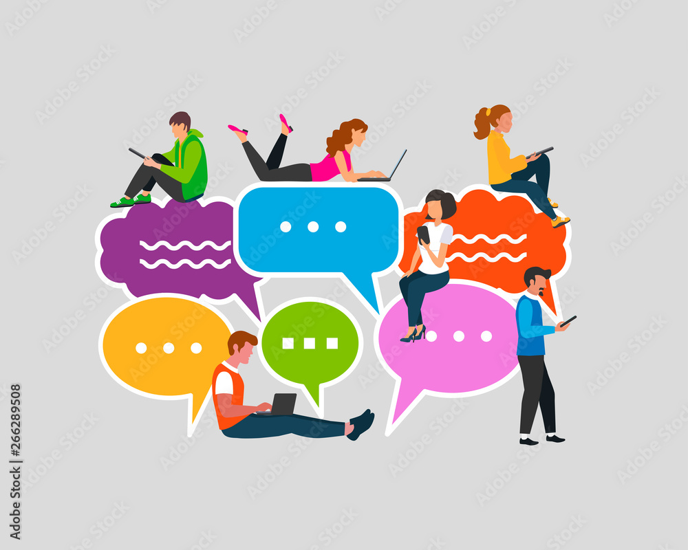 People use laptop for chatting in social media, people chatting. Online Communication. Guys and women sitting on big symbols, speech bubbles. Social Media Network Concept. People use laptop for chatting in social media, people chatting. Online Communication. Guys and women sitting on big symbols, speech bubbles. Social Media Network Concept.