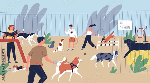 Happy smiling people playing with dogs at playground. Cute funny men and women walking and training domestic animals. Pets and their owners at city park. Flat cartoon colorful vector illustration.