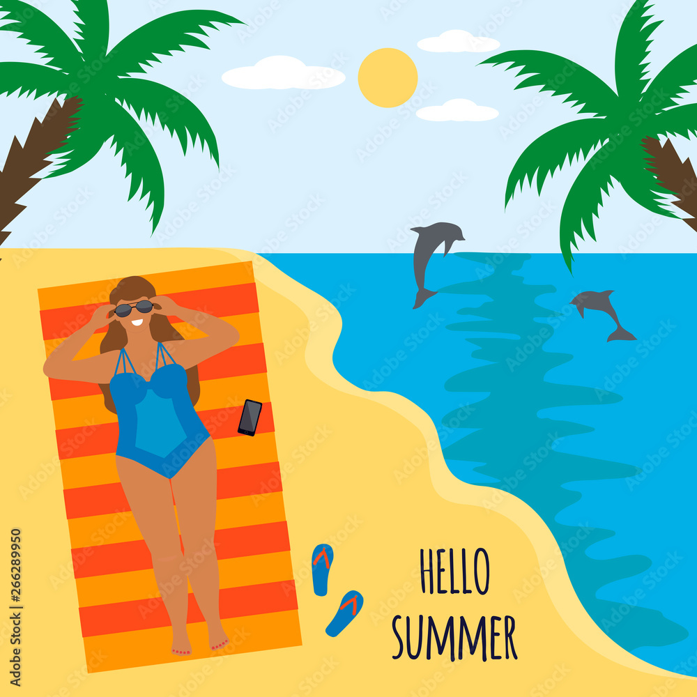 Hello, summer Poster depicting sea and beach. Cute plus size girlsmiling wearing swimming suit sunbathing at seaside. Vector illustration