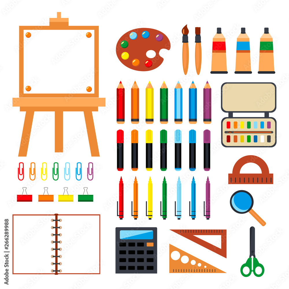 Obraz Office supply, school office and education equipment. notebook, ruler, pencil, pen, calculator, palette, easel, markers. Vector illustration