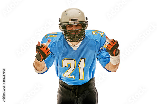 Portrait of American football player shows middle finger