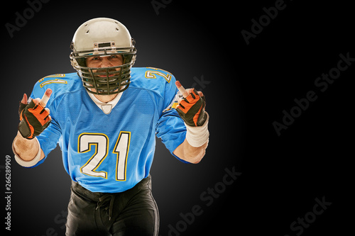 Portrait of American football player shows middle finger
