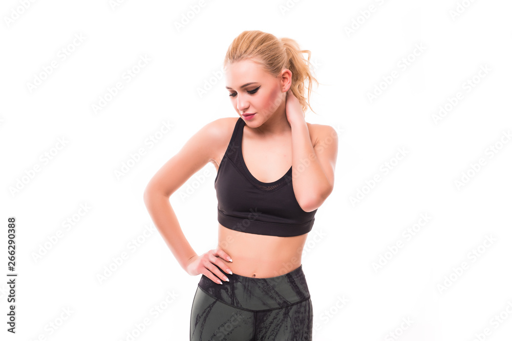 Fitness young woman with neck pain over white background Fitness young woman with neck pain over white background