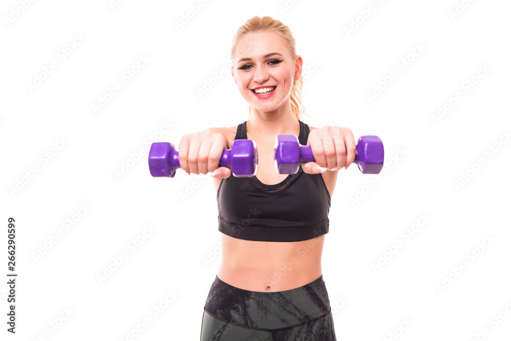 Torso of a young fit woman lifting dumbbells on white background Torso of a young fit woman lifting dumbbells on white background