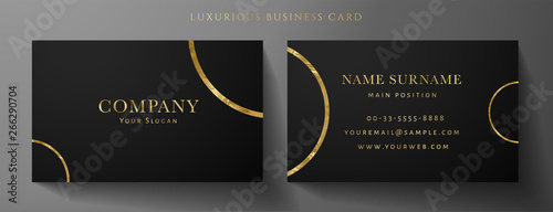Luxury black Business card design template with gold Art Deco circle lines (VIP Gift Card). Dark background with golden modern round lines