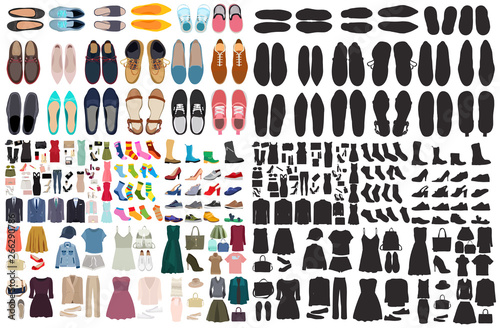 vector, isolated, set of men's and women's shoes and clothes