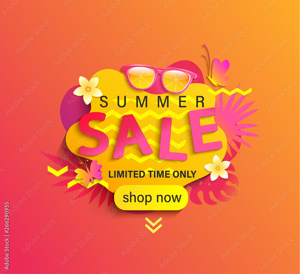 Summer Sale, shop now banner,season discount poster with tropical  leaves,sunglasses.Invitation for online and ofline limited time shopping.  Template for design,label,advertising badge,flyer. Vector Stock Vector