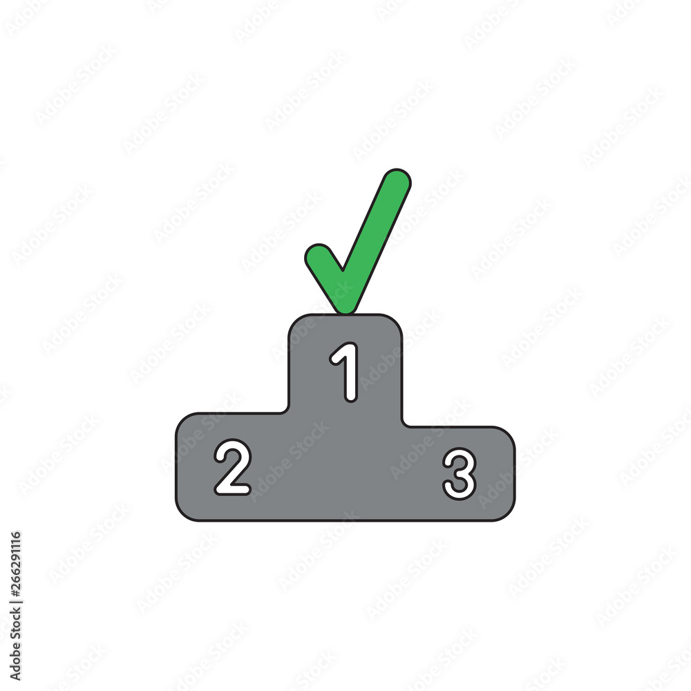 Vector icon concept of check mark on first place of winners podium. Vector icon concept of check mark on first place of winners podium.