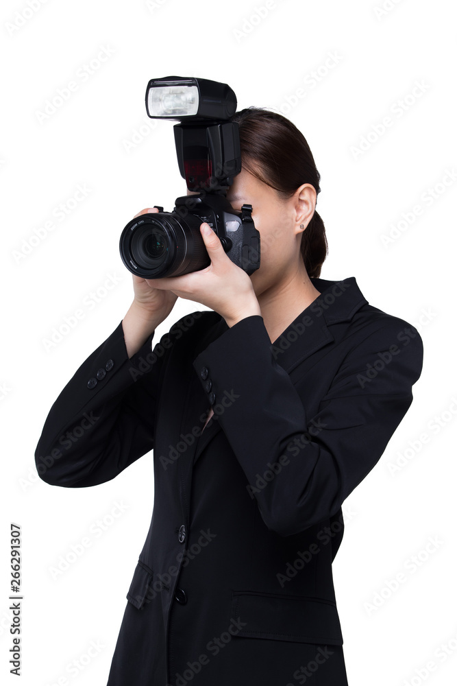 Asian Woman Photographer hold camera with external flash point to shoot subject, wear normal suit jacket. studio lighting white background isolated copy space, reporter journalist take photo celebrity Asian Woman Photographer hold camera with external flash point to shoot subject, wear normal suit jacket. studio lighting white background isolated copy space, reporter journalist take photo celebrity