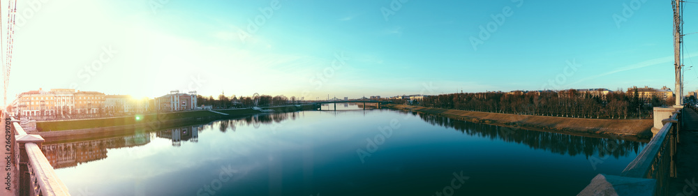 180 degrees panorama of the Volga River from the Novovolzhsky Bridge in Tver, Russia.