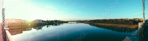180 degrees panorama of the Volga River from the Novovolzhsky Bridge in Tver, Russia.