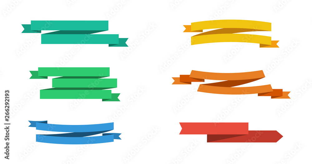 Six colorful vector Ribbons Banners isolated. Ribbons Banners collection. Tapes in flat design