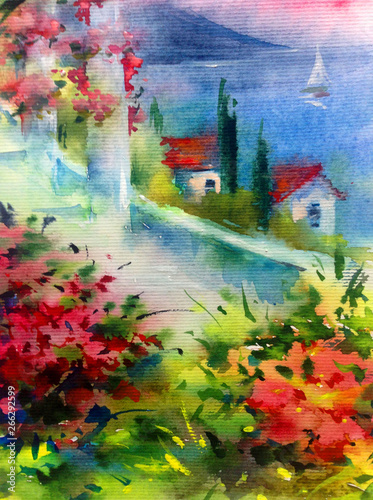 Watercolor colorful bright textured abstract background handmade . Mediterranean landscape . Painting of architecture and vegetation of the sea coast , made in the technique of watercolors from nature © olha