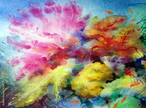 Watercolor abstract bright colorful textural background handmade . Painting of underwater world of coral reef. Modern sea scape © olha