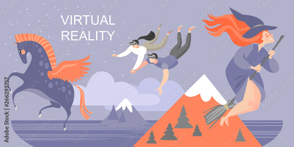Banner with young people traveling around the fairy world with virtual reality glasses