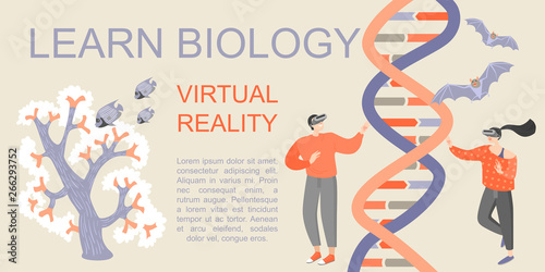Banner with young people studying biology with the help of virtual reality glasses. Play and learn with the modern technology