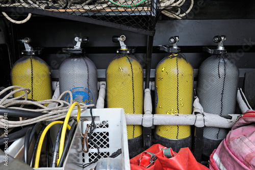 Part of a rescue mobile post with a diving equipment set: balloons, wetsuits, buoys, bags