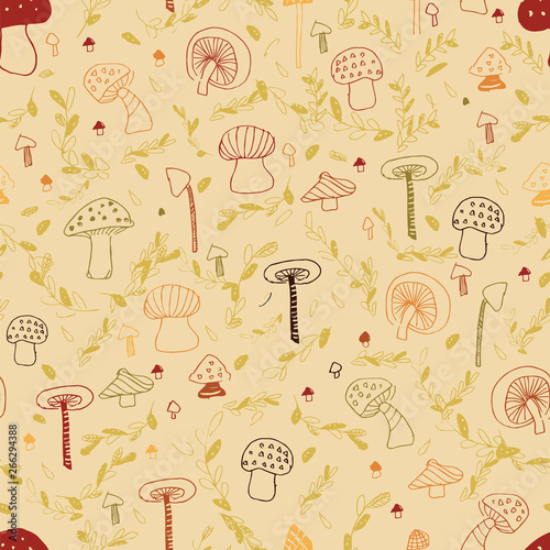 woodland mushroom line seamless pattern