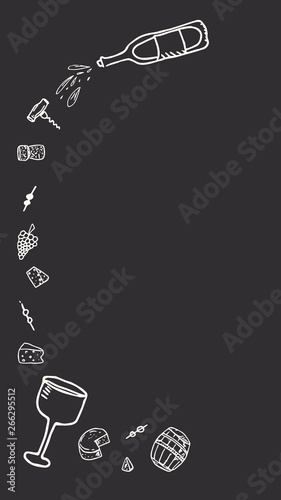 Drinking wine black and white chalkboard frame. Bottle of wine, glasses, cheese and snacks. Restaurant menu concept.