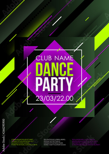 Vertical dance party background with color graphic elements and text. 