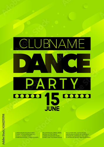 Vertical green dance party background with graphic elements and text. 