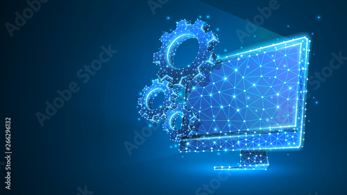 Gears on computer monitor. Industry, business solution, technology, settings concept. Abstract, digital, wireframe, low poly mesh, vector blue neon 3d illustration. Triangle, line, dot, star