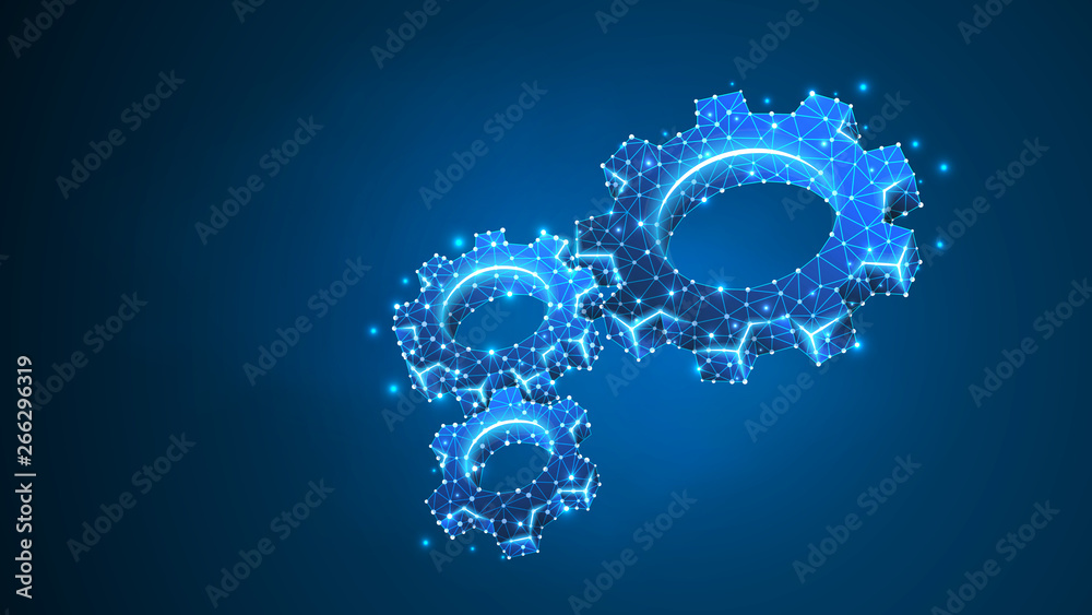 Gears. Industry, business solution, mechanical technology, machine engineering concept. Abstract, digital, wireframe, low poly mesh, Raster blue neon 3d illustration. Triangle, line, dot, star