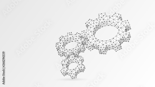 Gears. Industry, business solution, mechanical technology, machine engineering concept. Abstract, digital, wireframe, low poly mesh, Raster white origami 3d illustration. Triangle, line, dot, star