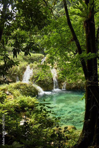 Rio con poza y cascada de agua cristalina en medio de un bosque tropicall