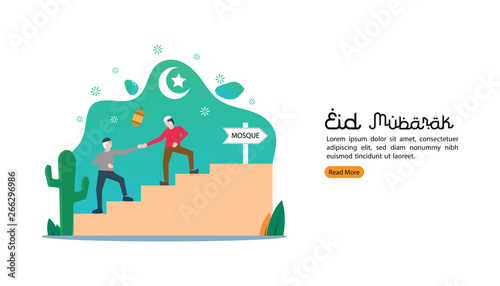 islamic design illustration concept for Happy eid mubarak or ramadan greeting with people character. a man helps old man. web landing page template  banner  presentation  social or print media