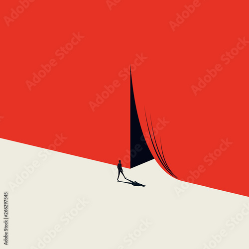 Business or career opportunity vector concept with man walking to opening curtains. Minimalist art style. Symbol of achievement, challenge, success, chance, new beginning.