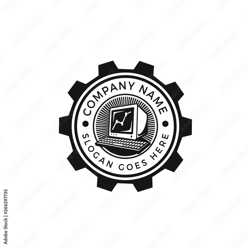 computer PC badge logo design with gear and graphic chart monochrome computer PC badge logo design with gear and graphic chart monochrome