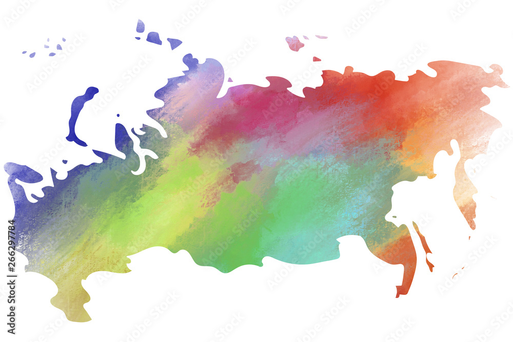 Colorful watercolor Russia map on canvas background. Digital painting.