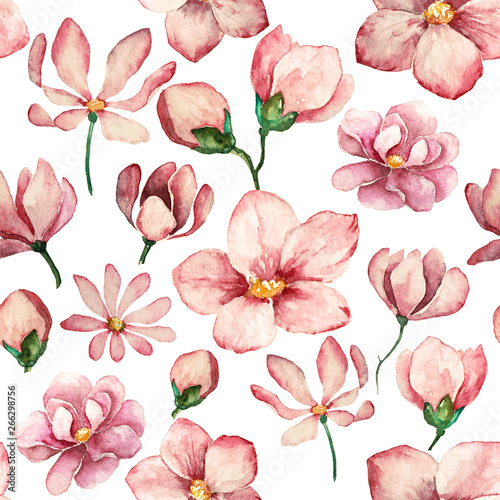 Seamless floral background. Pattern with flowers and leaves in watercolor