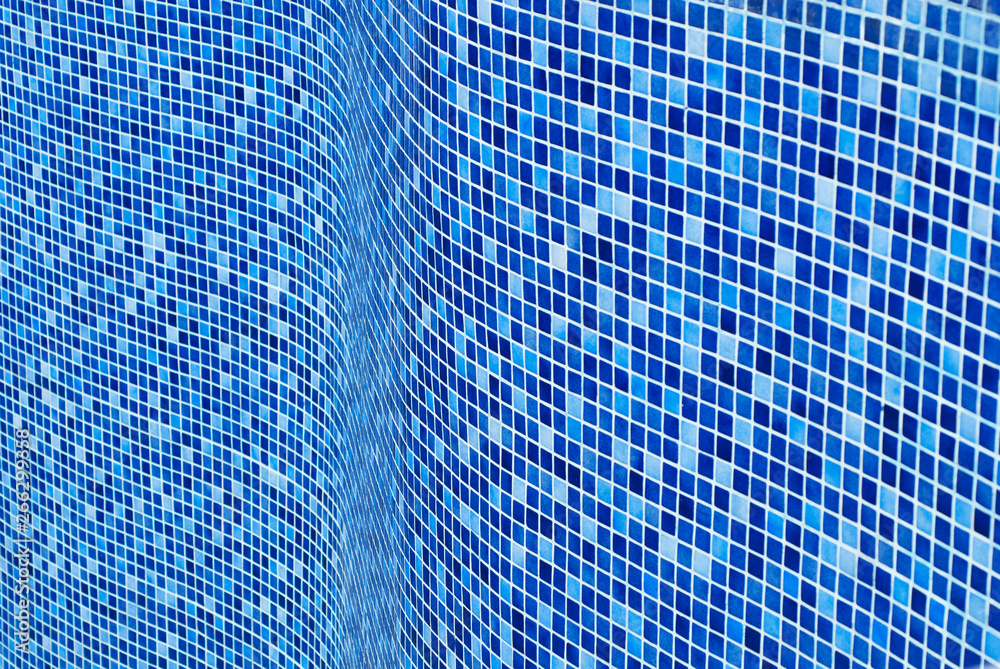 Fototapeta premium Blue mosaic background. Small tiles layer texture.