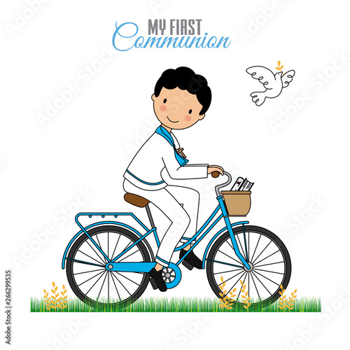 Card my first communion. Boy on a bicycle