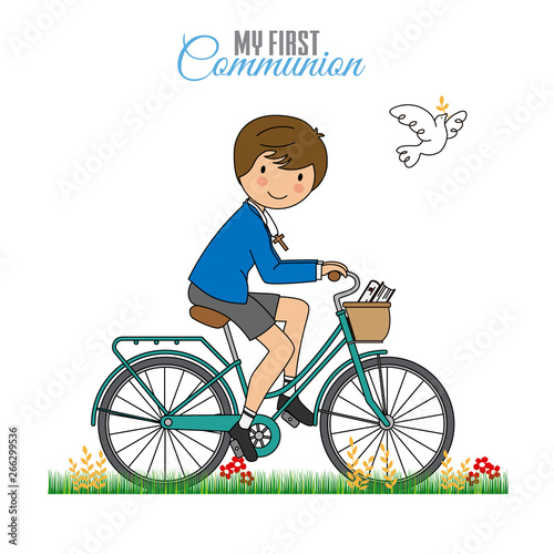 Card my first communion. Boy on a bicycle