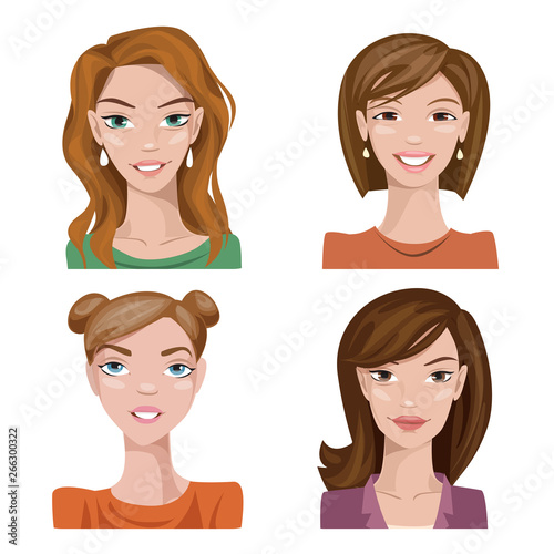 Vector set of four stylish female portraits or avatars
