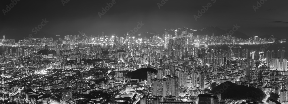 Panorama of aerial view of Hong Kong city at night