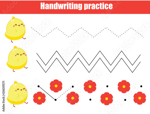 Preschool handwriting practice sheet. Educational children game. Printable worksheet for kids and toddlers. zig zag lines