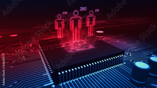 Social scoring concept with people symbols hologram over cpu in background. Circuit board 3d illustration. Futuristic concept of citizens analysing and profiling by artificial intelligence technology.