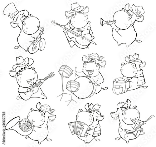 Vector Illustration of a Cute Cartoon Character Cow for you Design and Computer Game. Coloring Book Outline Set 