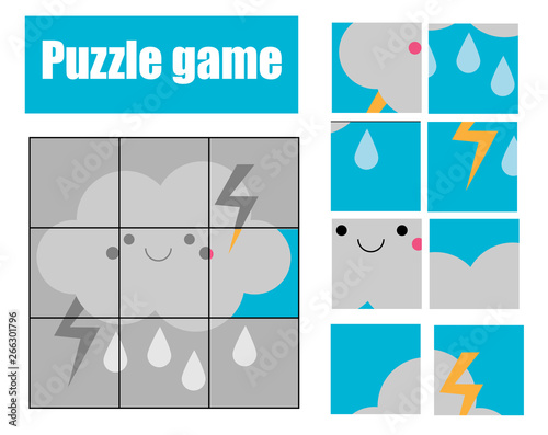 Jigsaw puzzle for toddlers. Match pieces and complete picture. cute thunder cloud. Educational game for children and kids.
