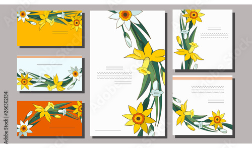 Set of floral spring templates with cute bunches of white and yellow daffodils. Business card with narcissus. For romantic design, announcements, greeting wedding cards, posters, advertisement.