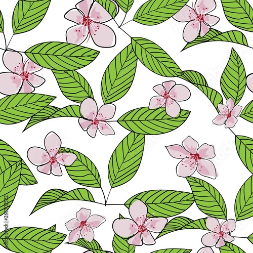 Seamless hand drawn cherry blossom vector pattern. Pink flowers and green leaves with outline on white background. Wallpaper  textile  print design.