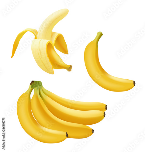 Set of realistic vector banana, branch of bananas, Half Peeled Banan and single banana isolated on white